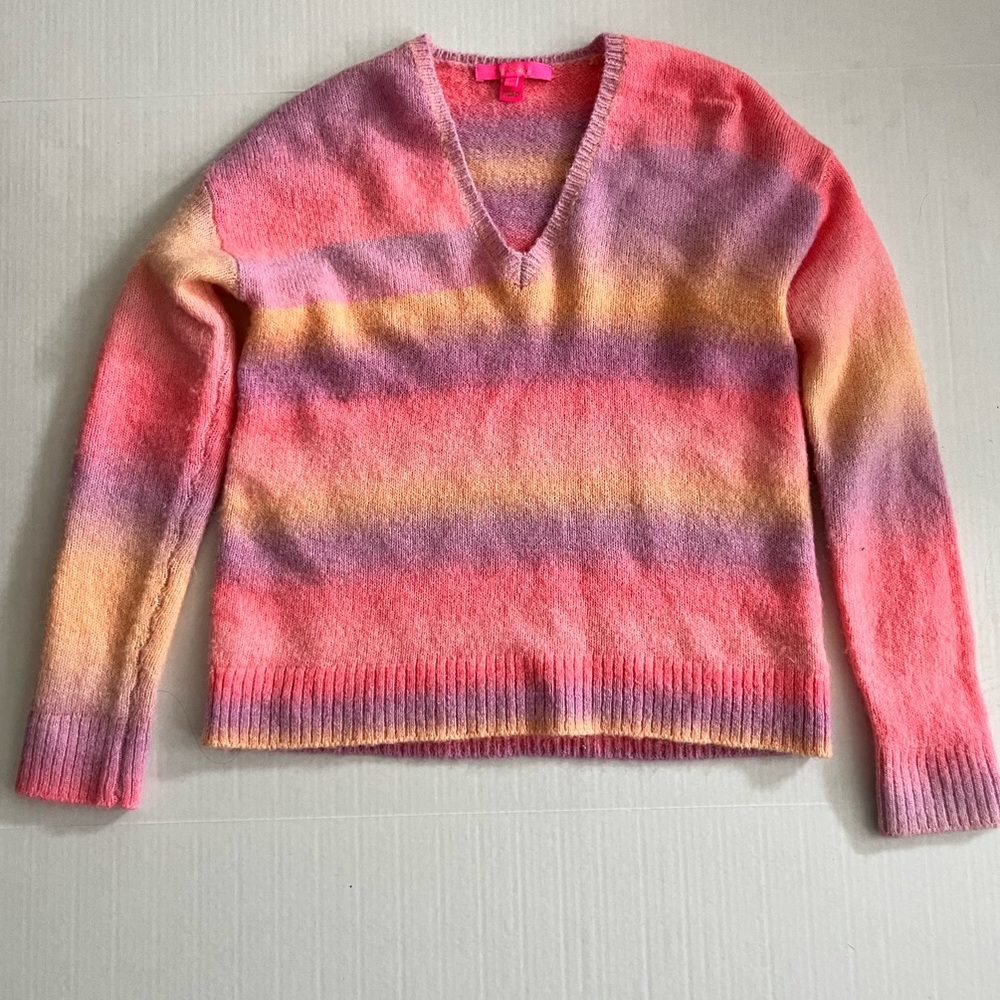 Cozy Lily Pulitzer Pink and Purple V-Neck Sweater with Fuzzy Texture